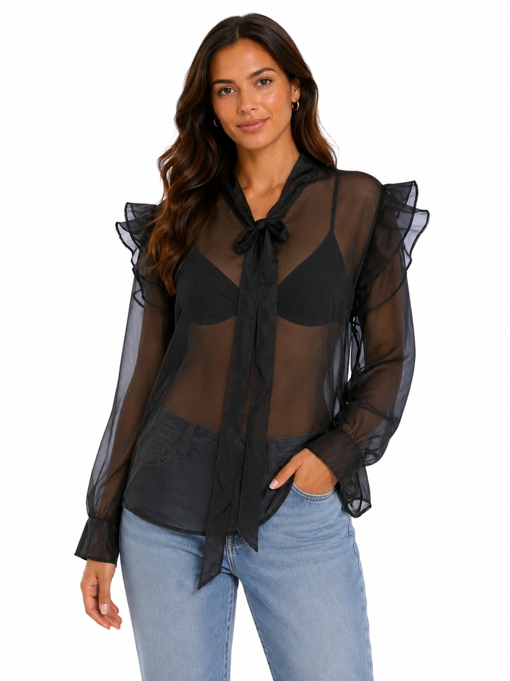 SHEIN Black Sheer Tie-Neck Ruffle Sleeve Blouse